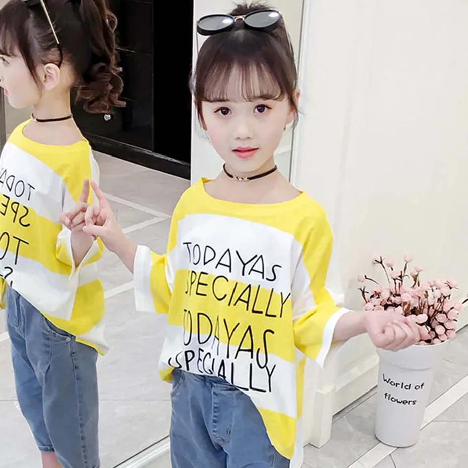 Летняя футболка для девочек детские топы в полоску с буквенным принтом свободная