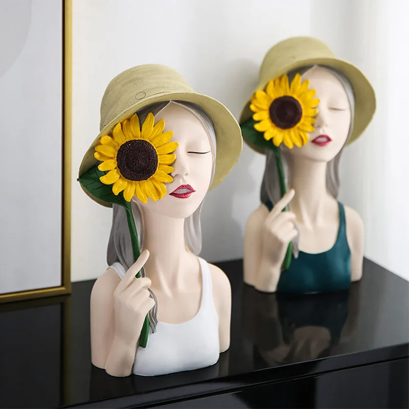 

Nordic Sunflower Girl Character Artware Sculpture Home Decoration Accessories Modern Figure Resin Statue Room Craft Figurine