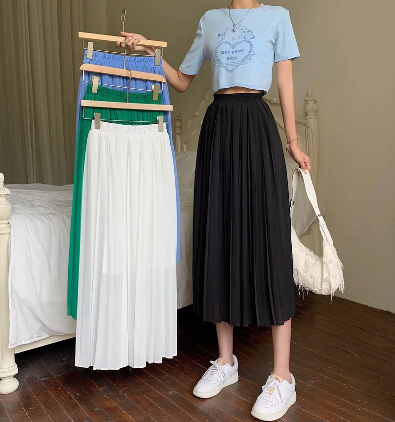 Mid-length Skirt French Chiffon Pleated Skirt Female Summer New Korean Style High-waisted Thin A-line Mid-length Skirt