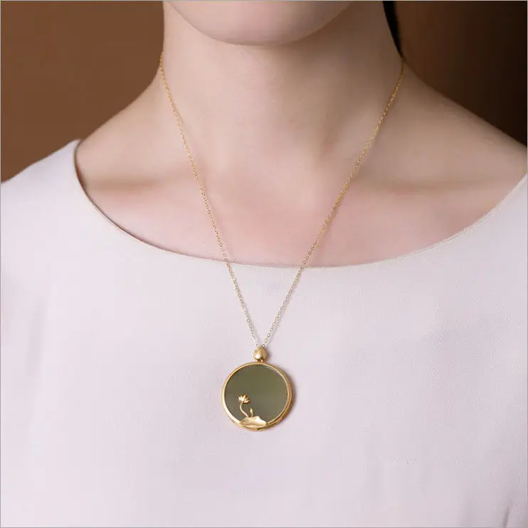 

Silver inlaid natural Hetian jade lotus blossom round brand Pendant Necklace Chinese style retro charm women's jewelry