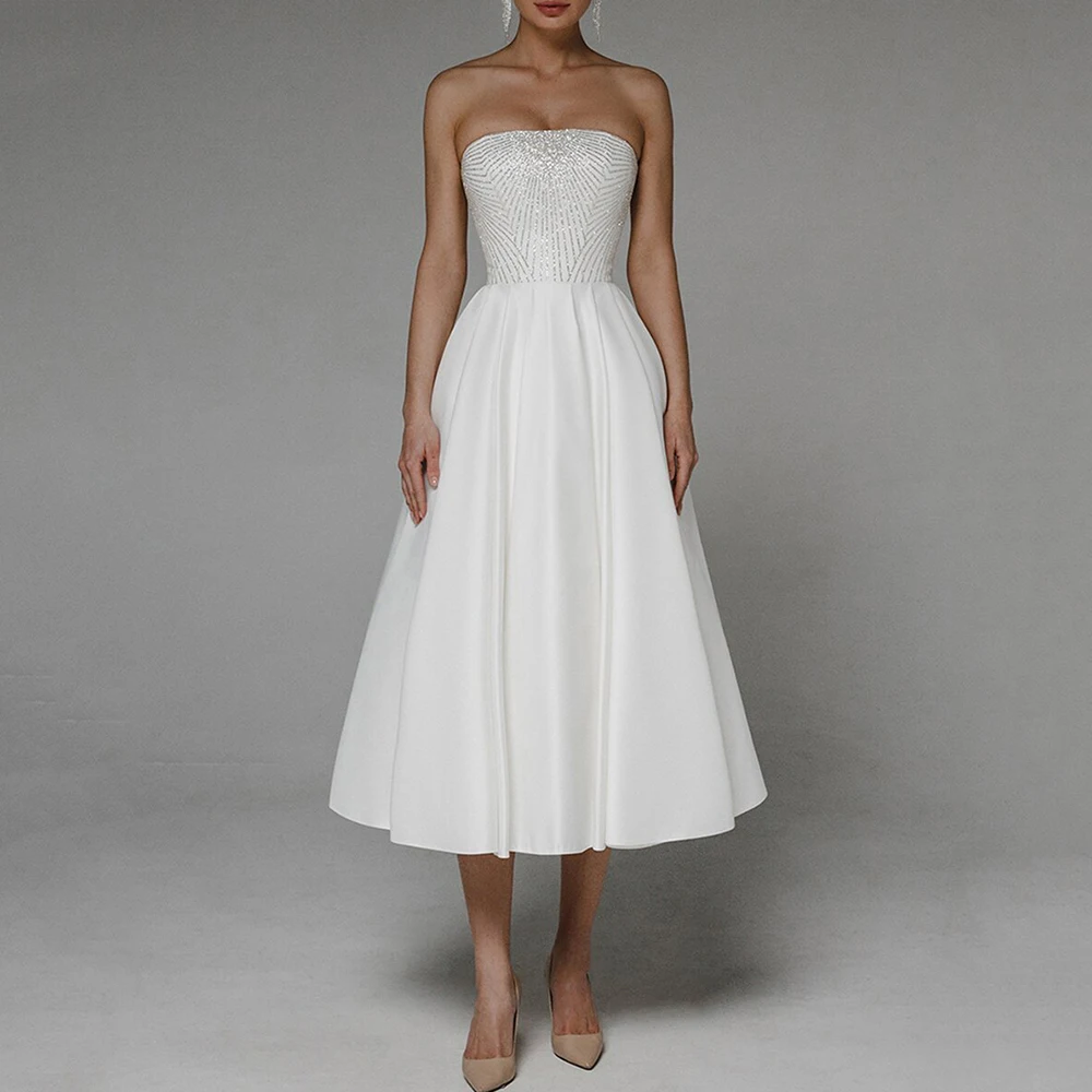 

Простое обручальное платье для свадьбы, ТРАПЕЦИЕВИДНОЕ свадебное платье без бретелек, без рукавов, длиной ниже колена, женское свадебное пл...