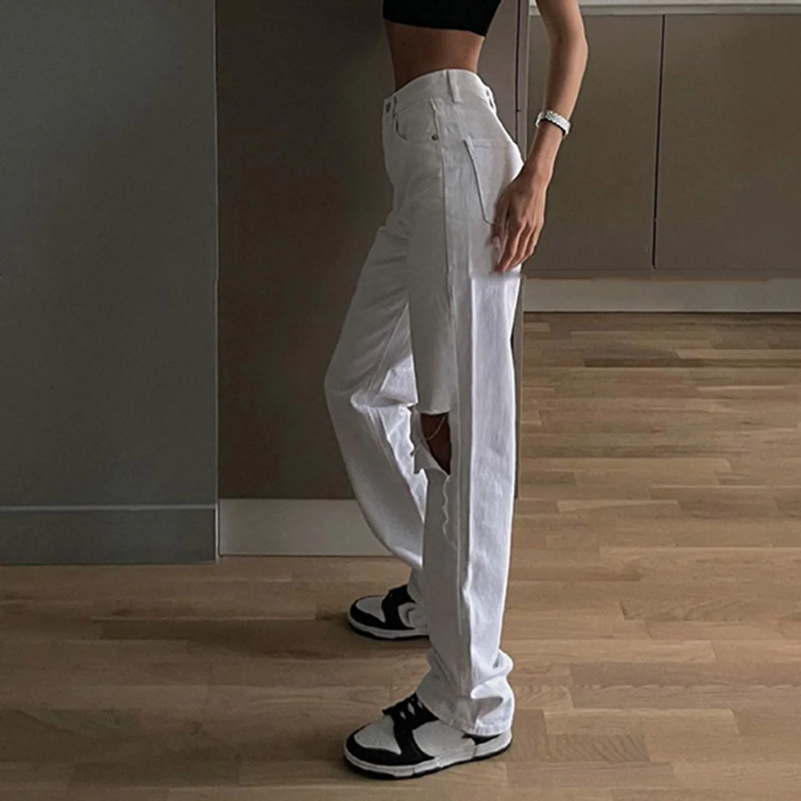 

Женские шикарные рваные джинсы с широкими штанинами, винтажные брюки из денима на молнии с высокой талией и дырками, 2021