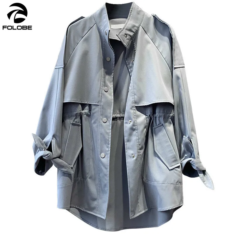 

FOLOBE 2020 Women Clothes Long Sleeve Stand Collar Ladies Midi Length Coat Khaki Loose Trench Femme Casaco Feminino Harajuku