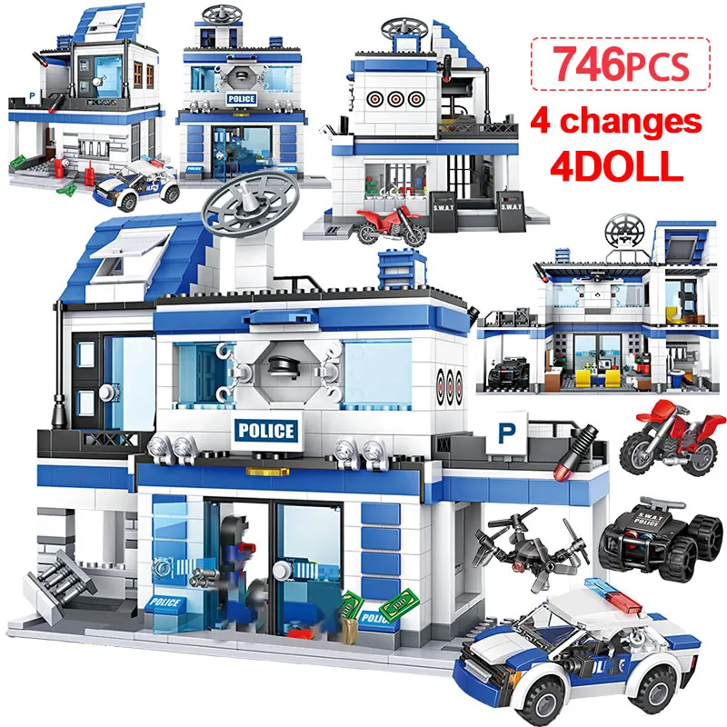 

746PCS City Police Station Building Blocks SWAT Police Helicopter Motorcycle Car Figures Bricks Educational toys for kid