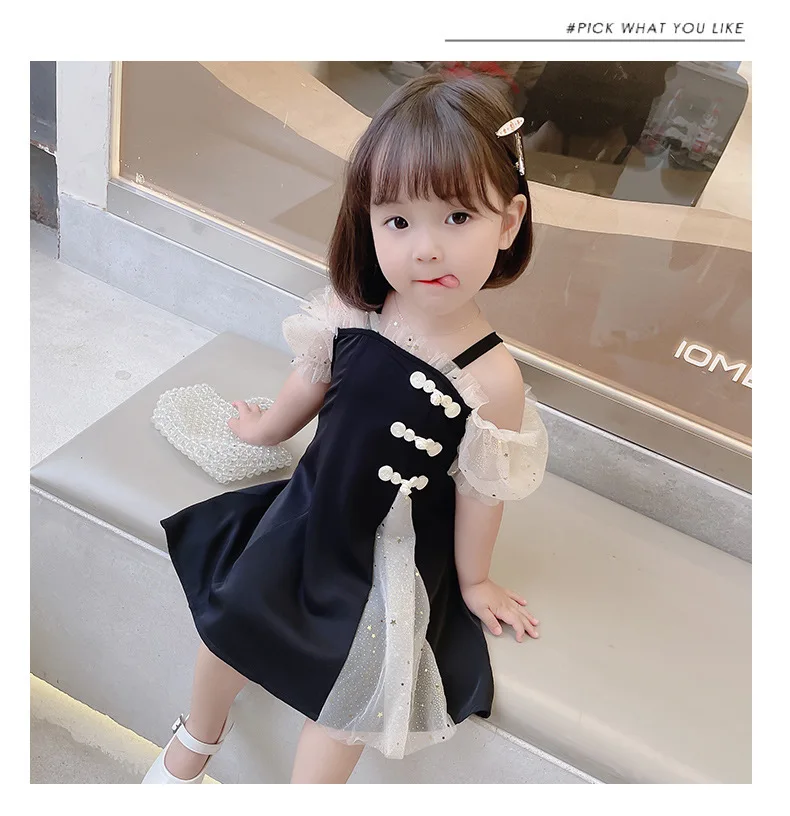 

Summer 2021 New Arrivals Girls Strap Short Sleeve Slash Neck Sequin Mesh Skirt Cute Princess Dress 18M-6T