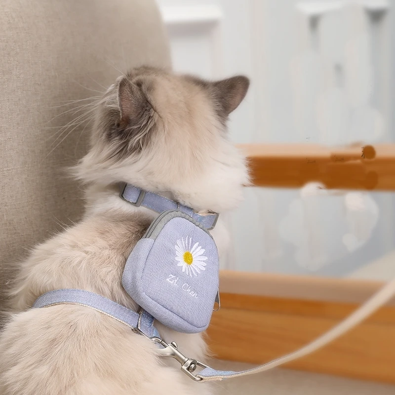 

Daisy Embroidery Cat Leash Rope Dog Traction Belt With Training Snack Bags Cats Dog Outdoor Walking Chest Strap Pet Backpack