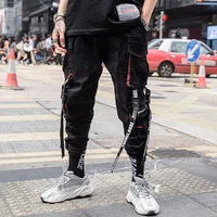 2021 new men hip hop cargo pants black multiple pockets letter ribbons loose sweatpants fashion streetwear joggers trousers 3xl