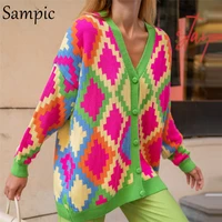 sampic winter women basic v neck oversized knitwear argyle cardigans green 2021 autumn fashion y2k knitted sweater cardigans