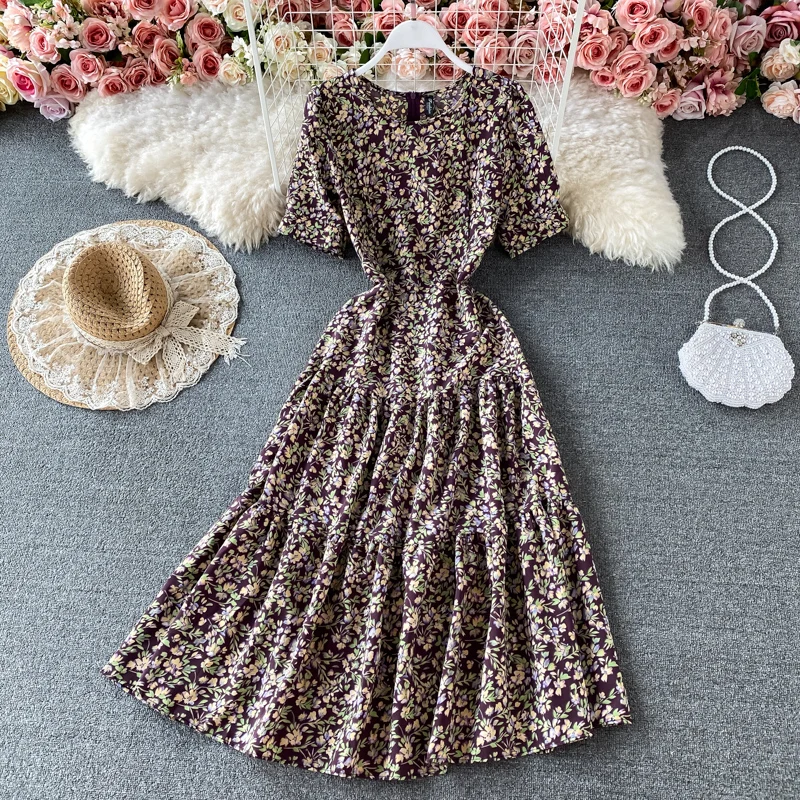 

Fashion holiday floral Vintage dress for womens summer new puff sleeve slim beach elegant dress Korean O neck A-line long Dress