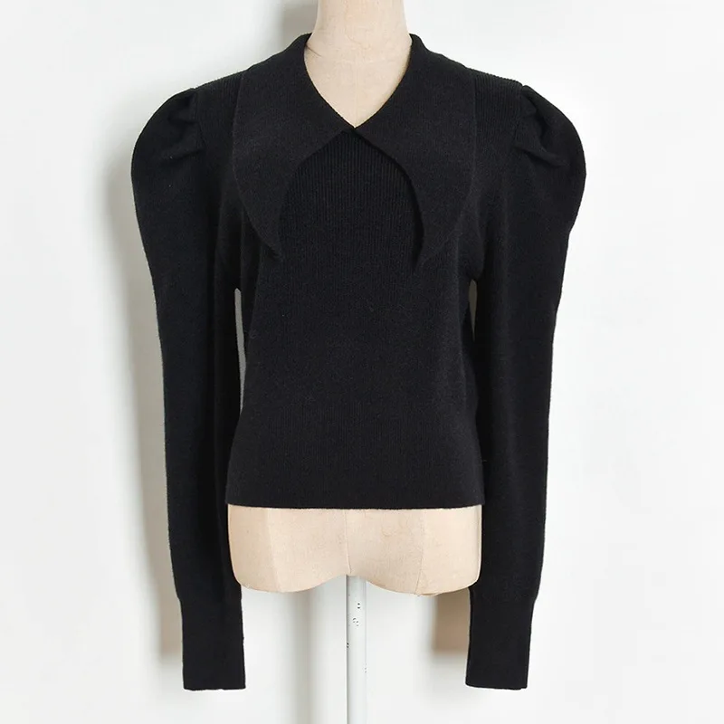 

Women 2020 Fashion Elegant Short Lady Knit Sweater jumper Puff Sleeve Female Striped Slim Turn-down Collar Pullover Chic Tops