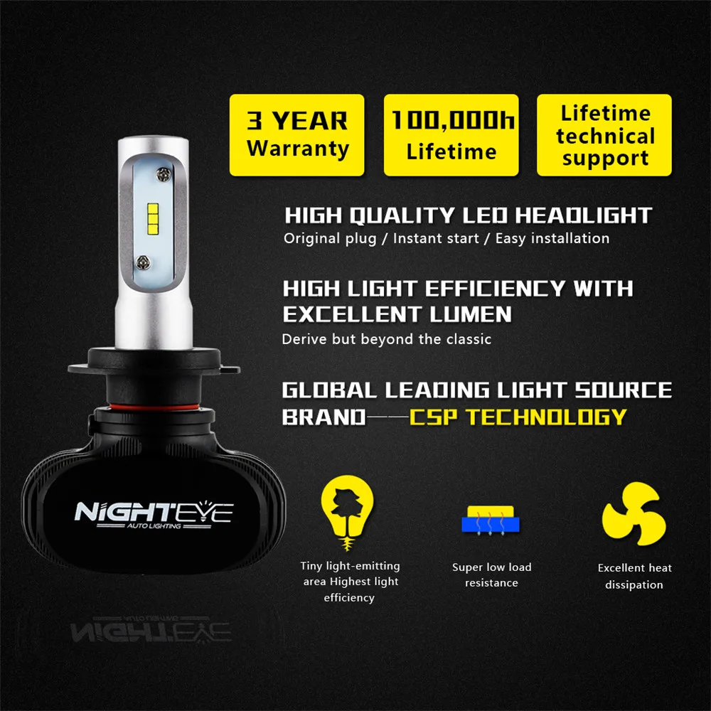 Автомобильная светодиодная лампа для фары Nighteye H7 набор чипов CSP 50 Вт 8000 лм 6500 К