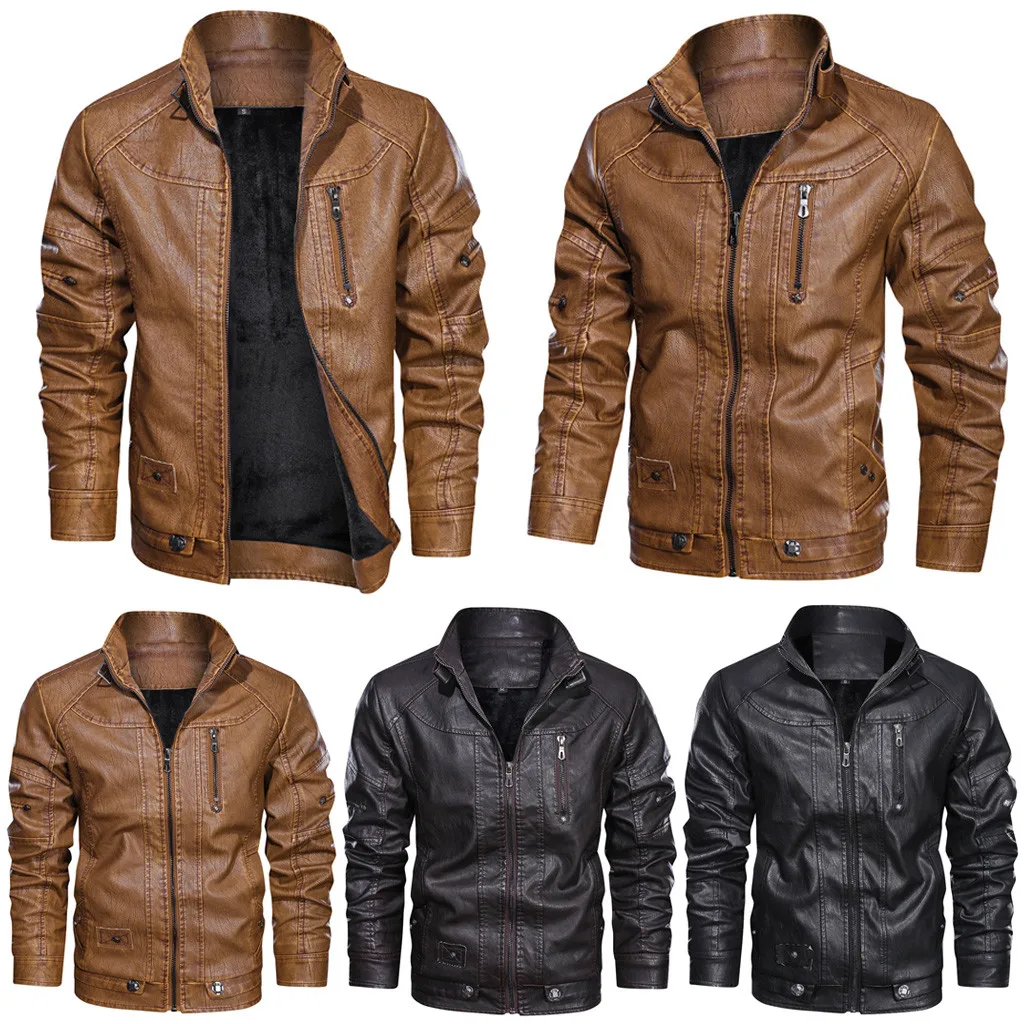 

Coats & Jackets Men Vintage Zipper Jacket Autumn Winter Stand Collar Men's Imitation Leather Jacket Coat Male Thicken Warm Coats