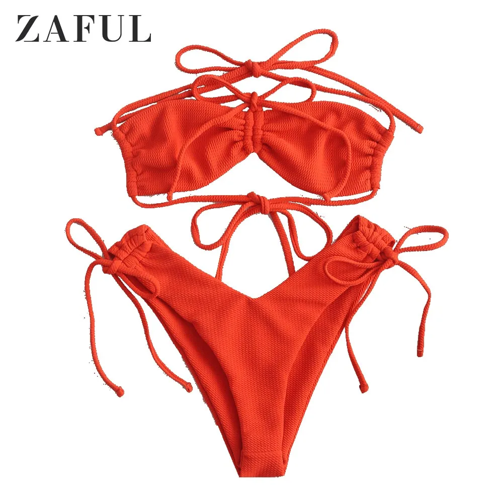 ZAFUL ярко-оранжевое текстурированное Cinched бикини с высокой талией купальник для
