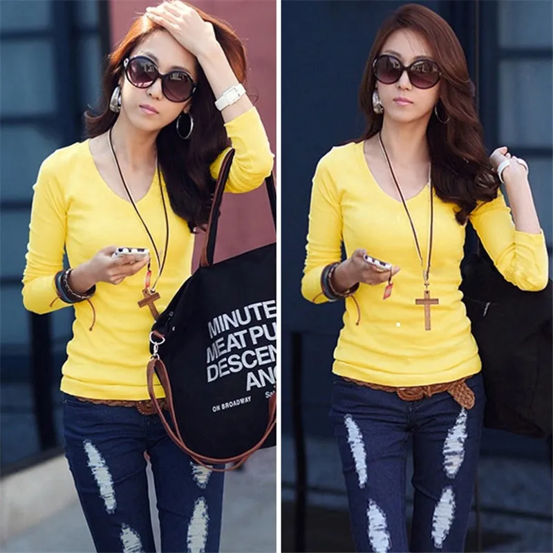 

Solid Color V-neck Top Long-sleeved Casual Women T-shirt Fashion Ladies