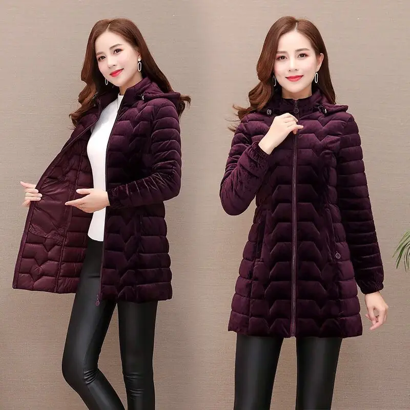 2019 Winter Jacket Women Plus Size 5XL Warm Middle-aged Hooded Gold velvet Coat Parkas | Женская одежда