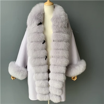 Purple Grey MAOMAOFUR кашемировое шерстяное пальто для женщин, длинный стиль, длинные рукава, воротник из натурального Лисьего меха, Полоска, пиджак с манжетами, Женское шерстяное пальто - Цвет: Purple Grey