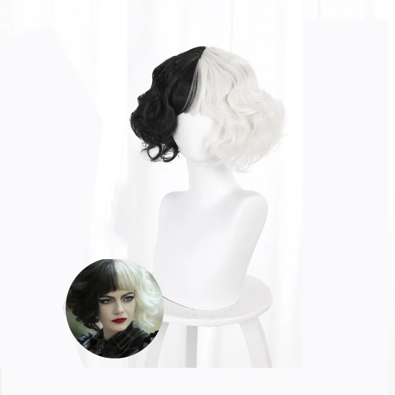 

Anime Cruella De Vil Cosplay Costume Movie Gown Black White Maid Dress with Gloves Hoodie Skirt Halloween Party For Adult Women