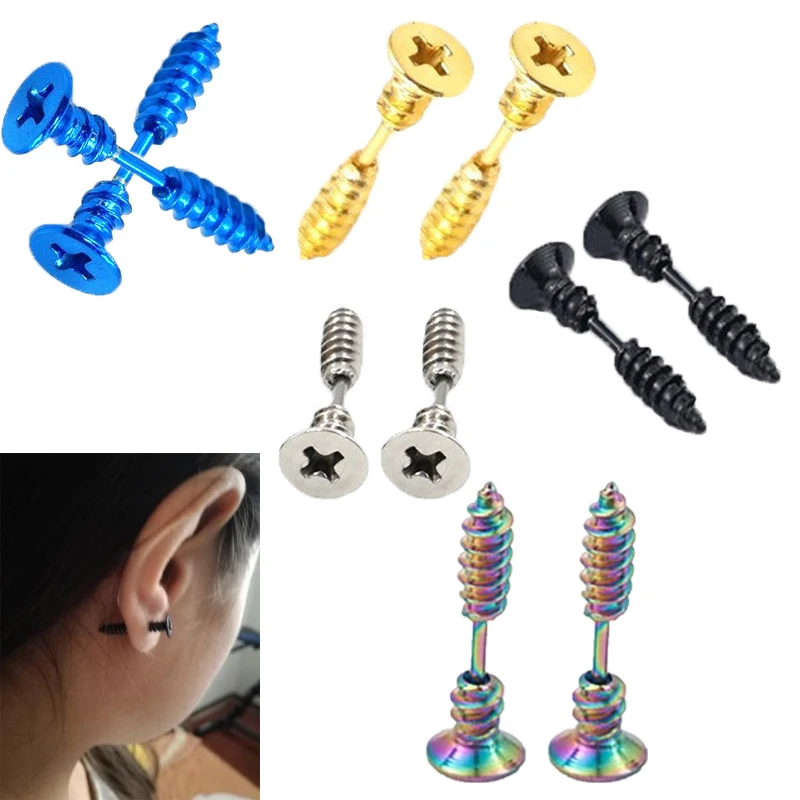 

1 Pair Punk Street Style Stainless Steel Ear Studs Unisex Screw Barbell Piercing Earring Jewelry Rock Gothic Accessories Cosplay
