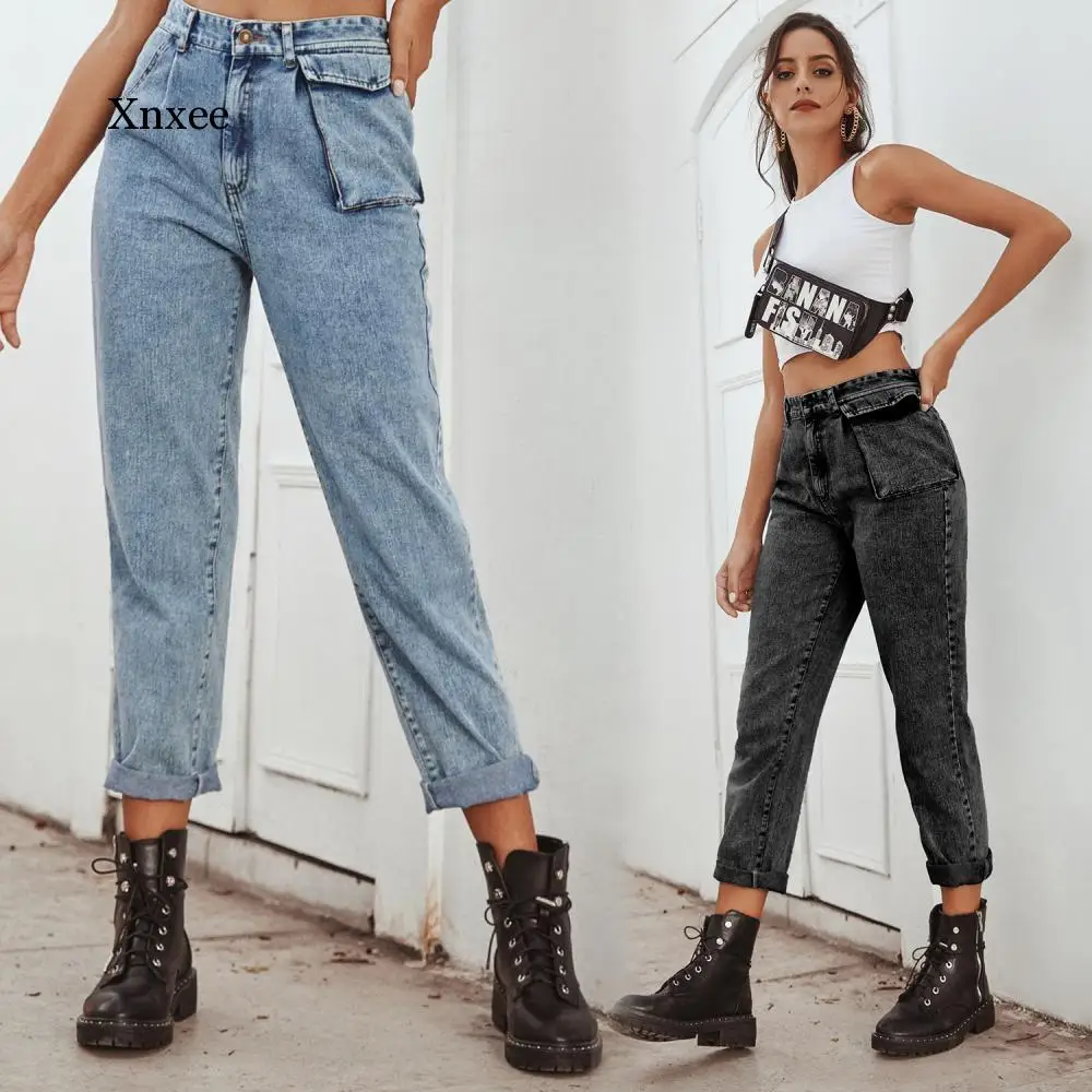 

Fashion Women's High Waist Work Clothes Jeans Pasted Pocket Denim Trousers Female Skinny Strech Pencil Jeans