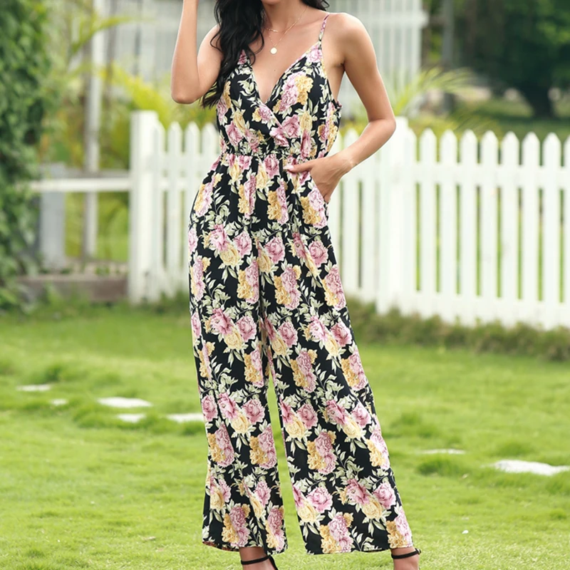 

Sexy Sleeveless Spaghetti Strap Backless Print Women Jumpsuit Loose Deep V Neck Elegant Vintage Casual Holiday Jumpsuits