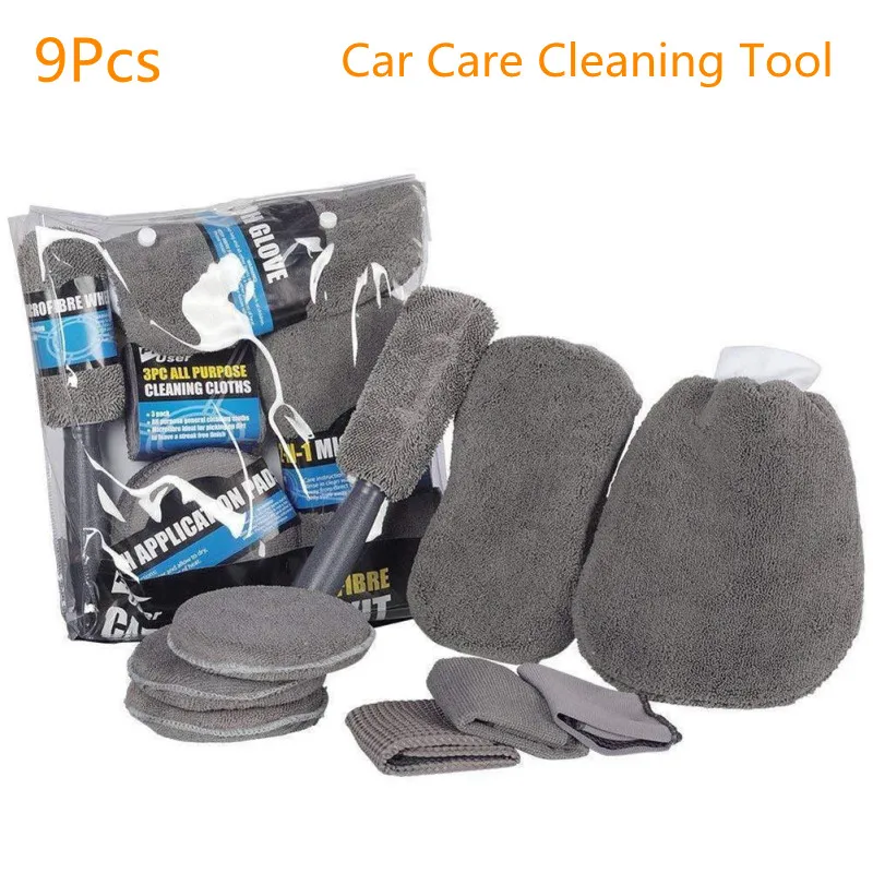 

9pcs Car Clean Towel Car Care Cleaning Tool Auto Wash Mitt Microfiber Towel Wash Gloves Wheel Brush Pad Wash Sponge Clean Kit