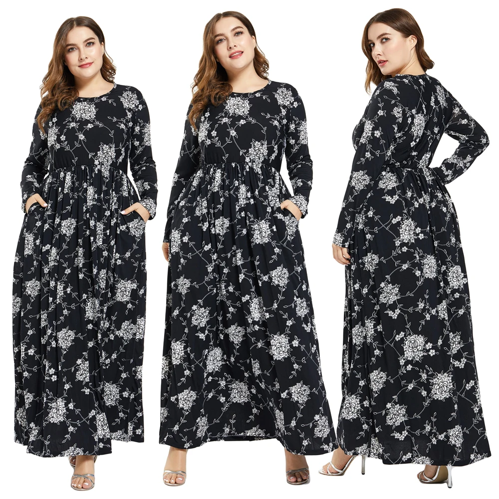 Модные мусульманское платье Для женщин принт с длинным рукавом Макси Вечерние