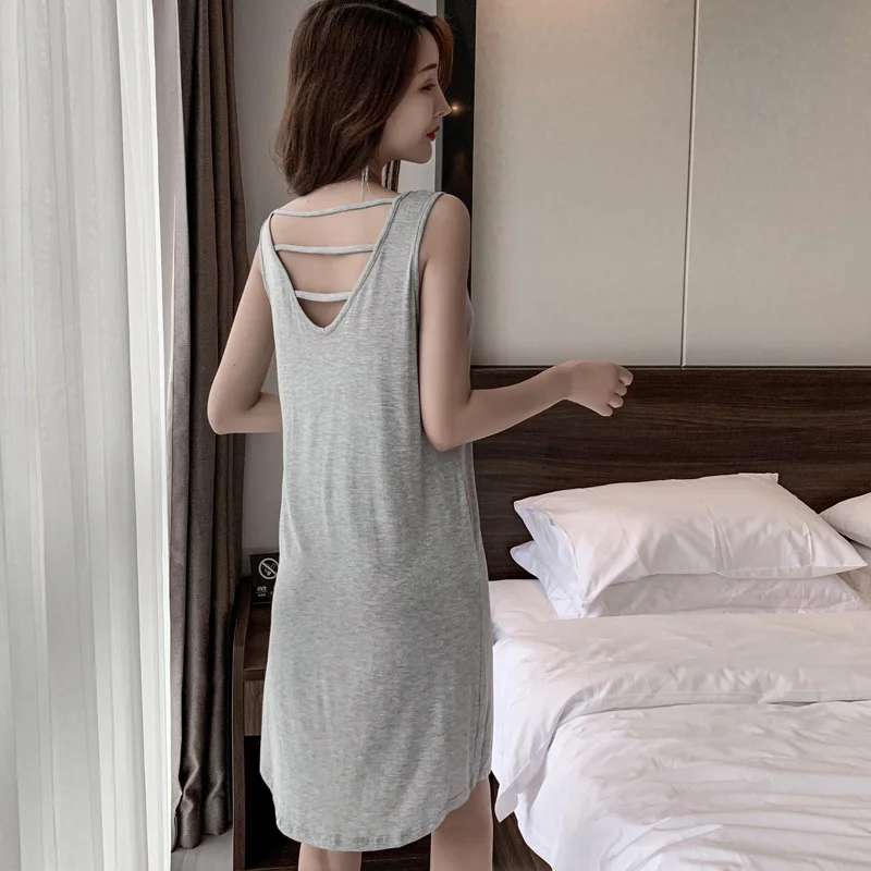 

Nightdress Women Modal Sleepwear Summer Nightwear Sexy Deep V-neck Backless Nightgown Casual Soft Bathrobe Home Dressing Gown