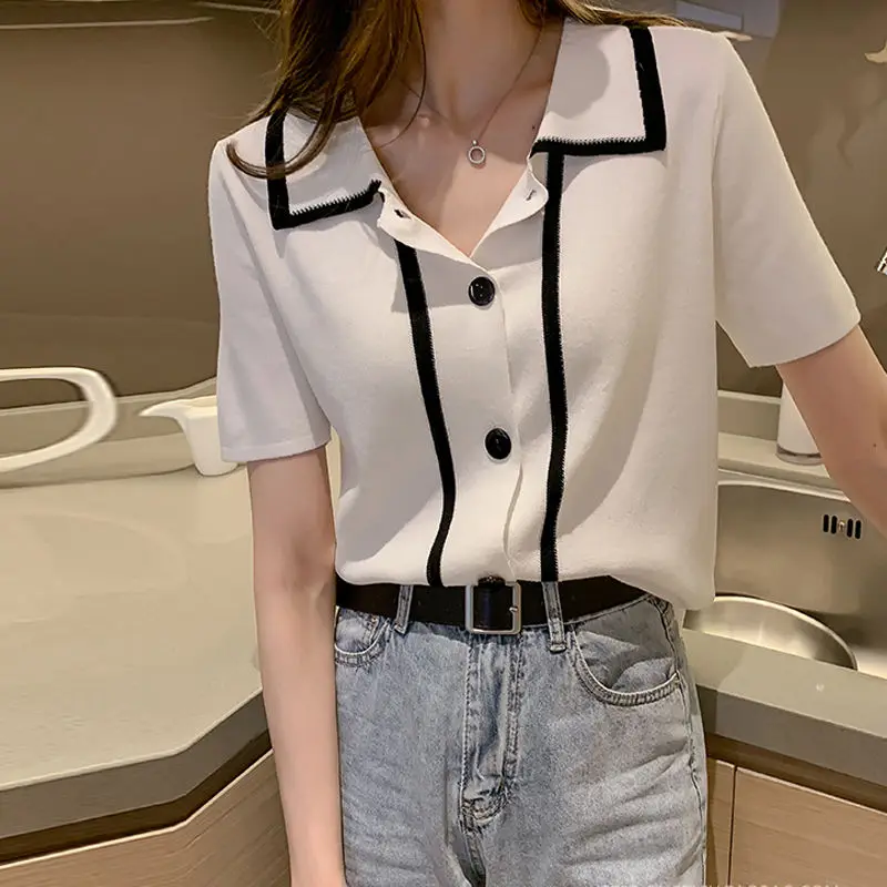 

Aocado Green Ice Silk Knitted Shirt Women's Summer 2020 New Loose Short Sleeve Jacket polo Shirt Matcha Green T-shirt