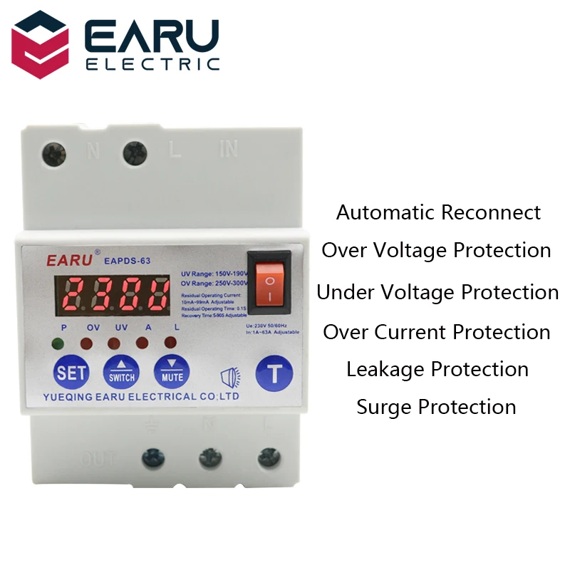 

63A Automatic Reconnect Circuit Breaker With Over Voltage Under Voltage Over Current Leakage Protection Surge Protection Relay