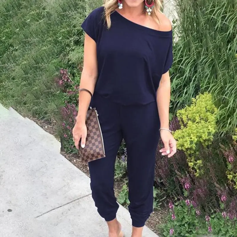 

Jocoo Jolee 2020 Summer Short Sleeve Off the Shoulder Loose Jumpsuits Casual Cotton Pockets One Piece Rompers Beach Overalls