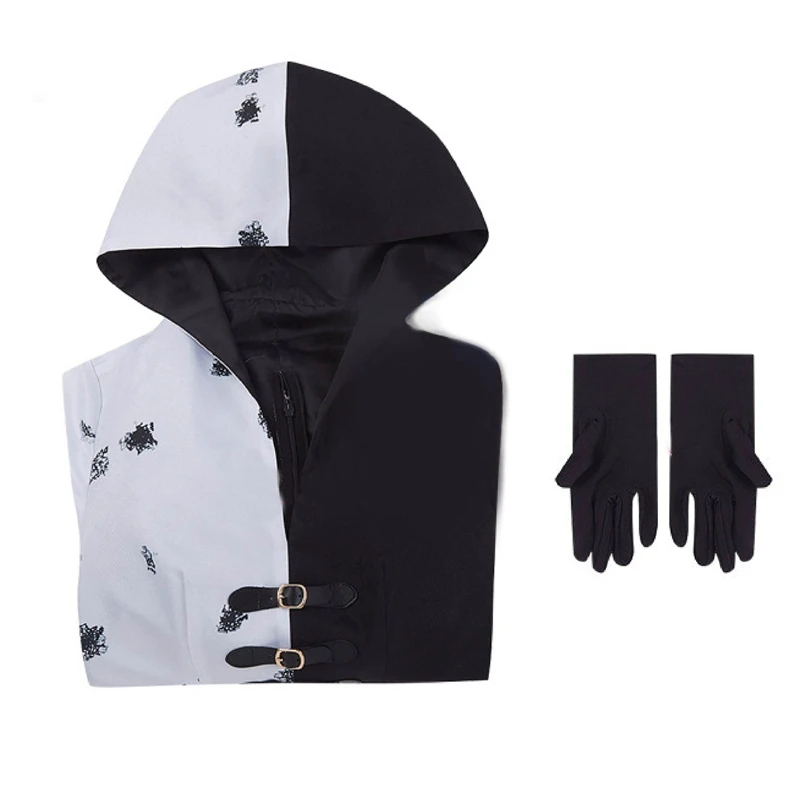 Костюм Круэллы Де Виль для косплея: черно-белое платье горничной с перчатками, капюшоном, юбкой и париком. Костюм на Хэллоуин для взрослых и детей.