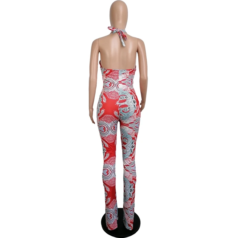 

Vintage Graphic Print Romper Women Chest Wrap Criss-Cross Hollow Out Halter Overalls Sexy Sleevless Jumpsuit Streetwear Clubwear