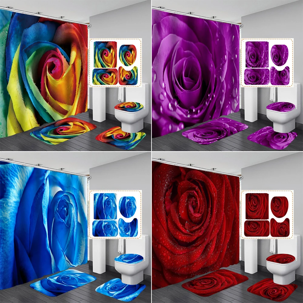 

Red Rose Bathroom Curtains Sets Beautiful Colorful Flowers Fabric Shower Curtain Toilet Cover Mat Non-Slip Bath Rug Set