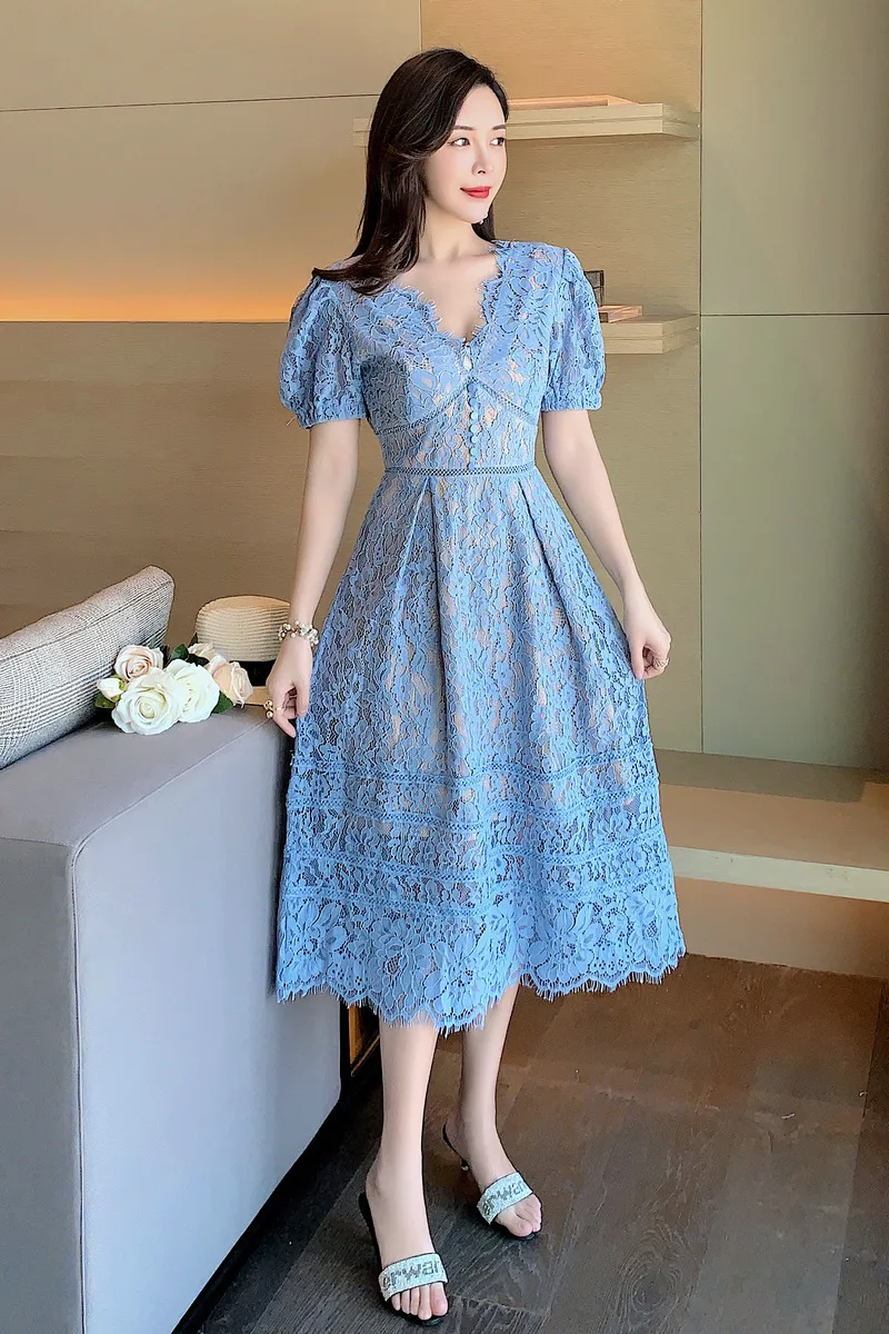 

Luxury Designer Long Black Dress Women 2021summer Sexy V-Neck Short Sleeve Elegant Vintage Lace Dress High Waist Slim Vestidos