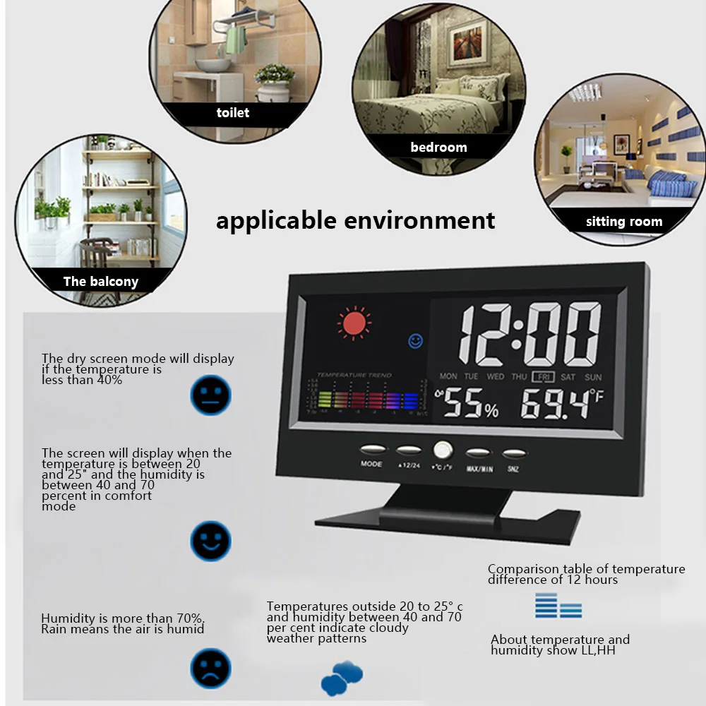ЖК электронный цифровой будильник с большим цветным экраном настольные часы