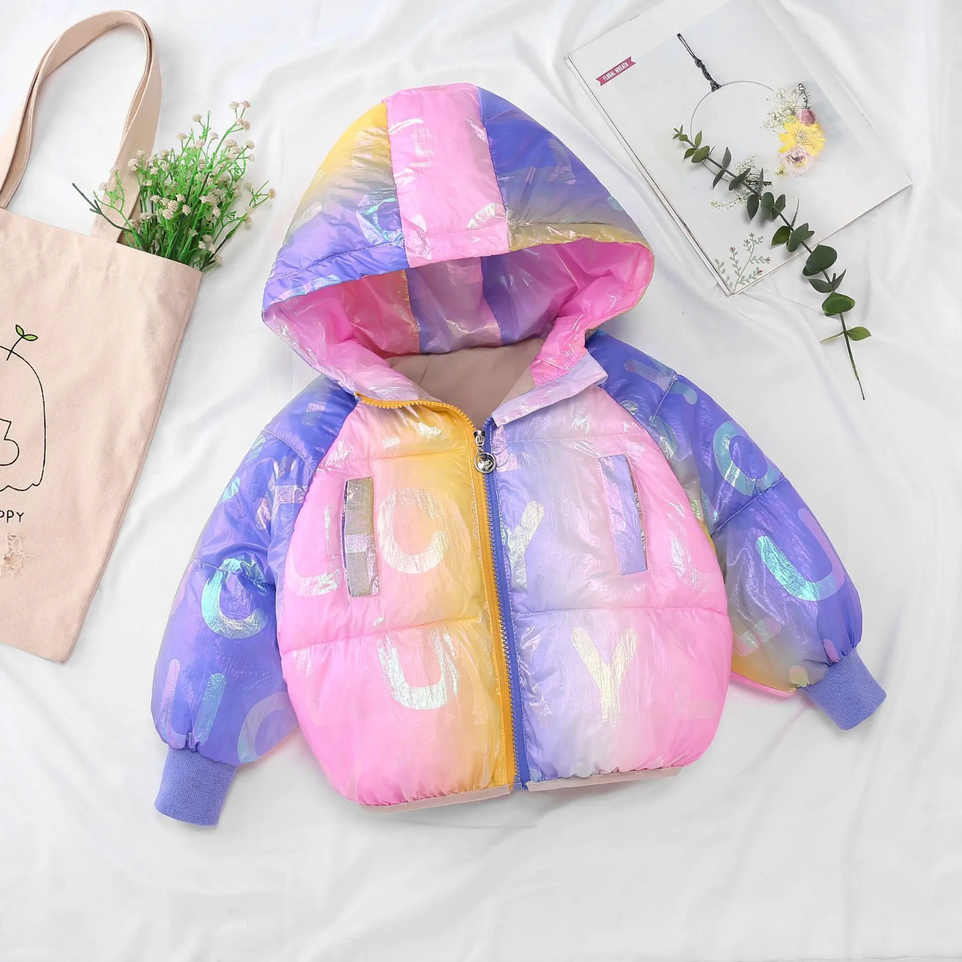 

2020 New Children's Winter Jacket Cotton Padded Girls Jackets Outerwear Coats Bright and Colorful Rainbow Girls Winter Coat