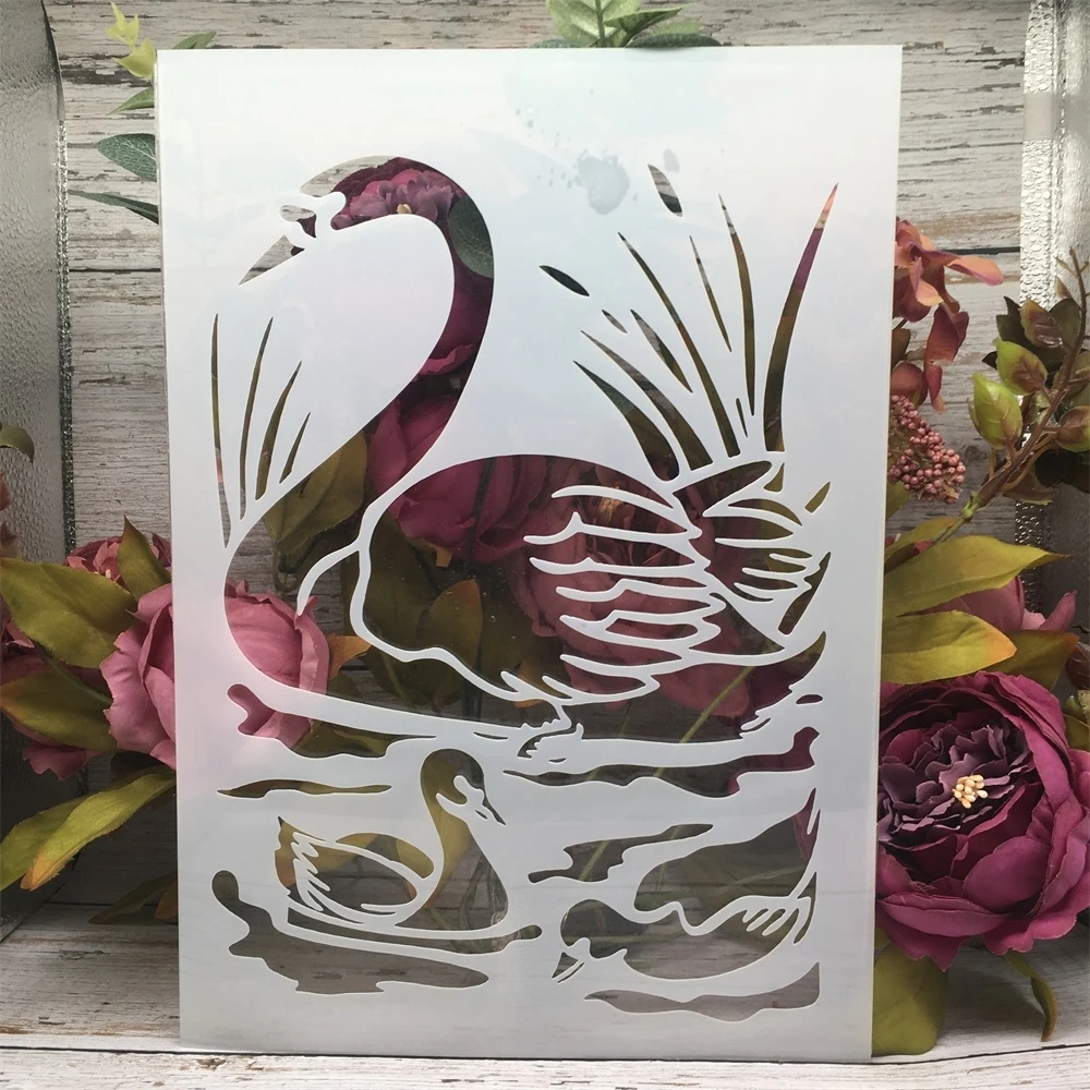 

A4 29cm Swan and Baby Swan Swim DIY Layering Stencils Wall Painting Scrapbook Coloring Embossing Album Decorative Template