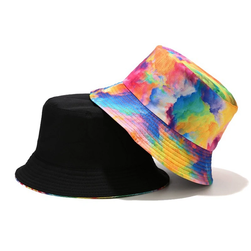 

Double-sided Wearing Cap Visor Rainbow Color Bucket Hat Men And Women Cotton Flat Sun Hat Reversible Sun Tie Dye Fisherman Hat