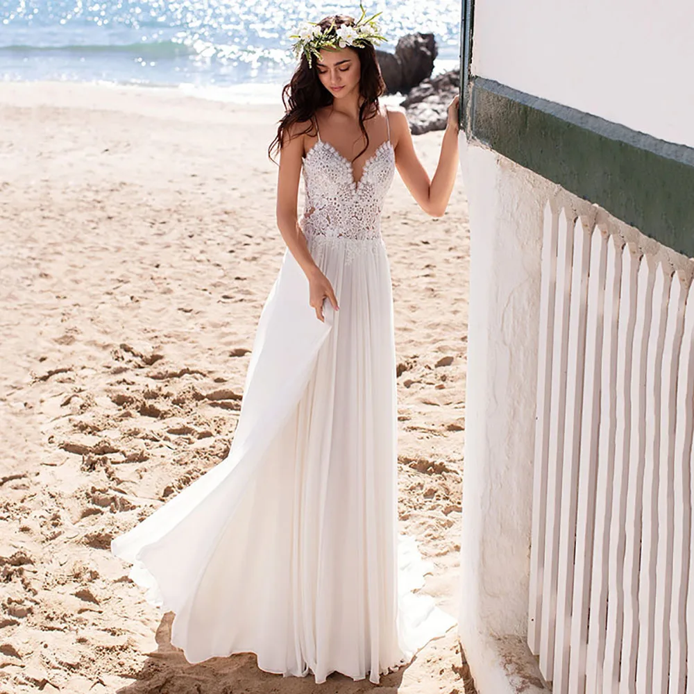 

Пикантное пляжное свадебное платье в стиле бохо, кружевное свадебное платье с аппликацией, шифоновые Свадебные платья на бретелях-спагетти...