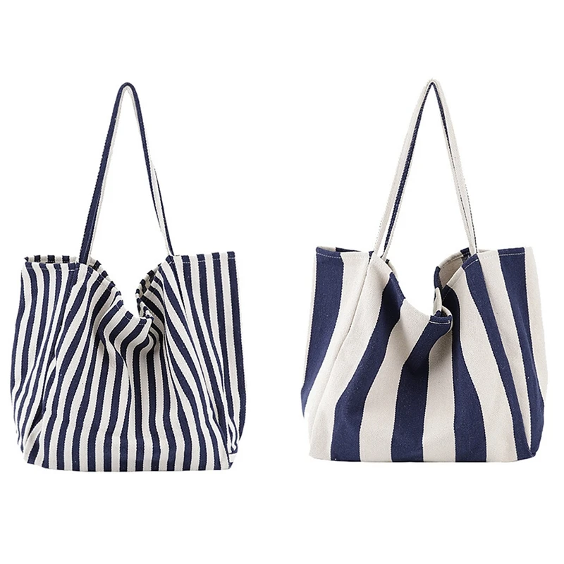 

ASDS-Handbag Simple Small Fresh Striped Canvas Bag Wild Casual Large Capacity Single Shoulder Handbag