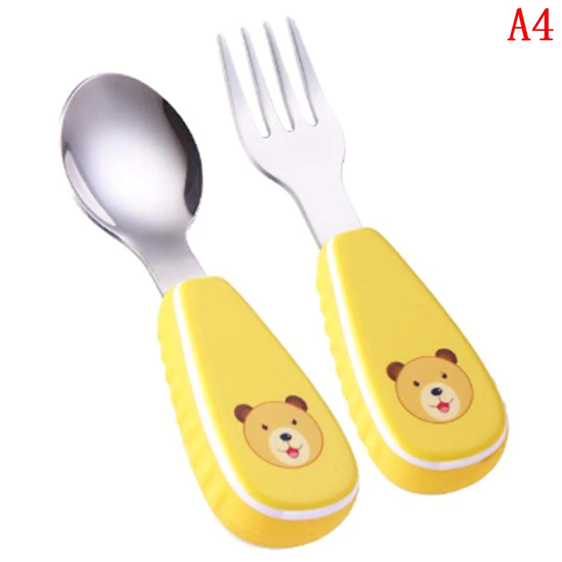 Cuchara infantil de dibujos animados de acero inoxidable 304, tenedor para aprender a comer, suplemento de alimentos para beb&eacute;s, juego de cubiertos port&aacute;til-5