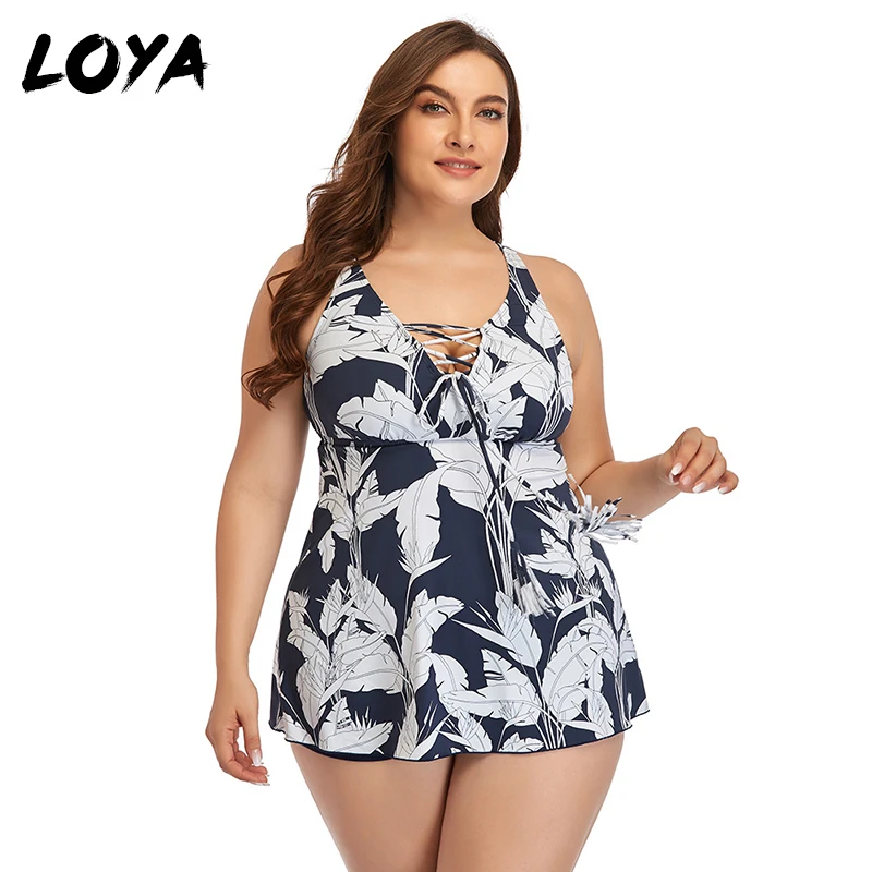 

LOYA 3XL Plus Size Swimwear Women Tankini Swimsuits 2021 Stripe Sport Swimming Suit For Women Bathing Suit With Shorts