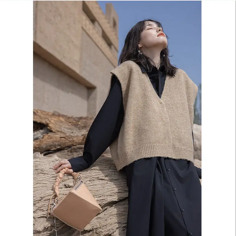 

Coffe Sleeveless Cardigan Knitting V-Neck Sweater Jacket Loose Solid Outwear Casual Streetwear