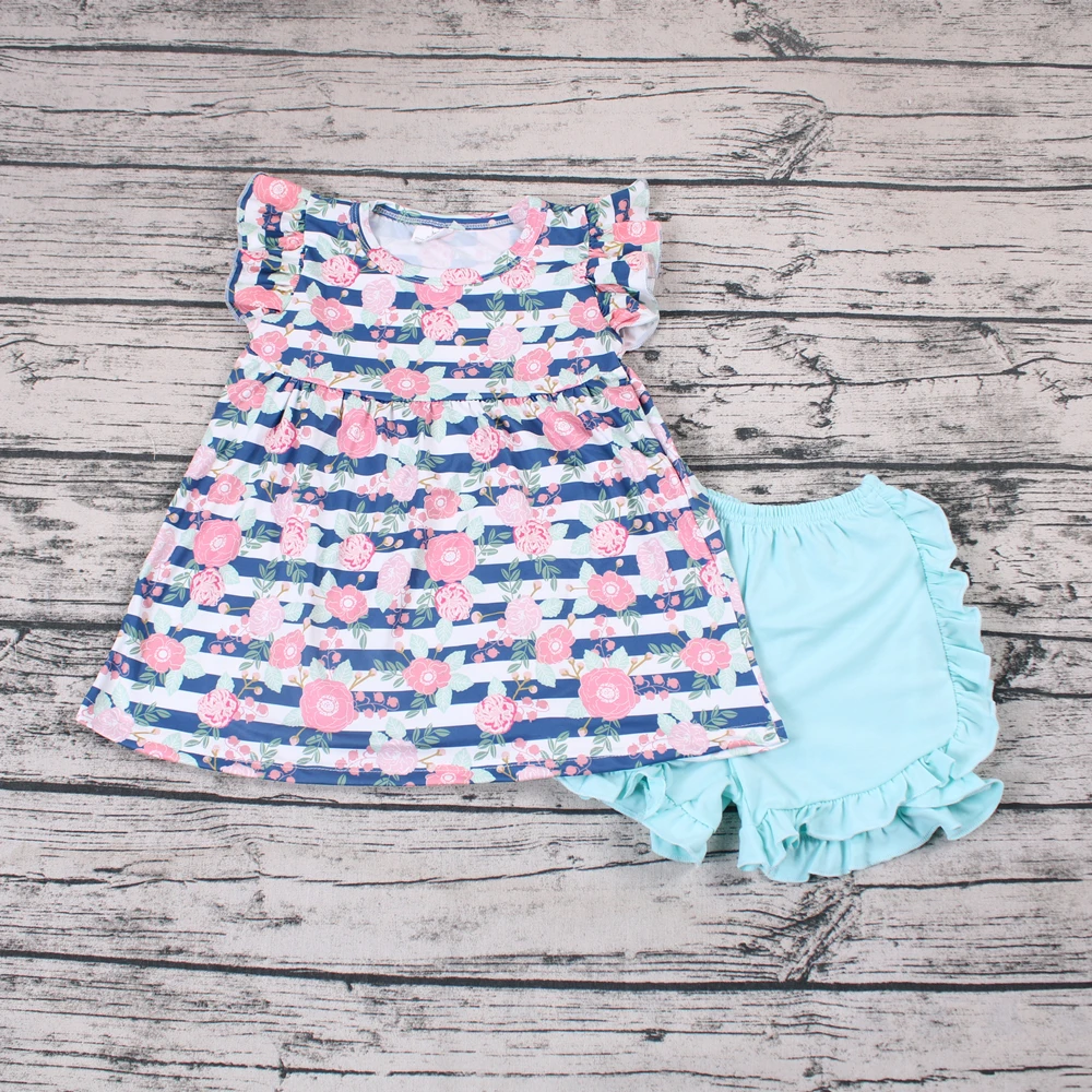 

Floral print pearl top match solid cotton shorts summer outfits girls clothing kids