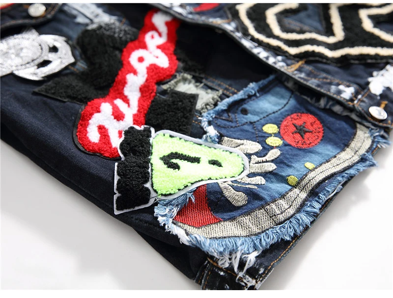 

Men's Badge Patch Blue Painted Black Denim Jacket Fashion Patchwork Jacket Long Sleeve Jacket