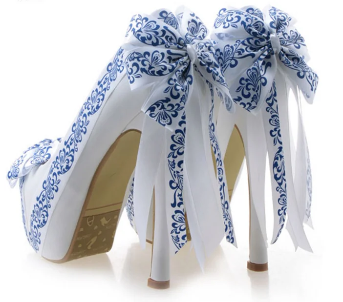 

New Originally Chinese Traditional Style Blue White Bow-knot High heels Women Wedding Shoes