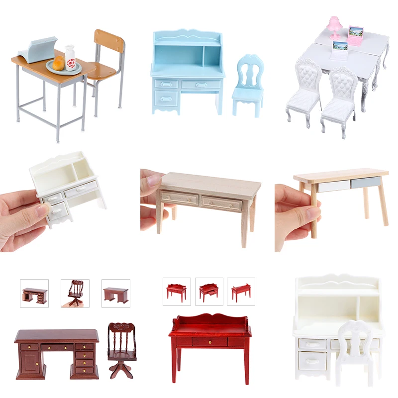 

1 Set 1/12 Wooden Desk Writing Study Desk Computer Chair School Desk Furniture Model Toy Dollhouse Decor