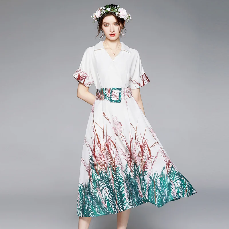 

Elegant Vogue Prints Dress With Sashes Women Large Hem A-Line Turn Down Collar Vintage Party Vestidos Chic V-Neck Long Dresses