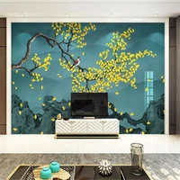 milofi custom large non woven fabric new chinese ginkgo hand painted flowers and birds background wall decoration painting