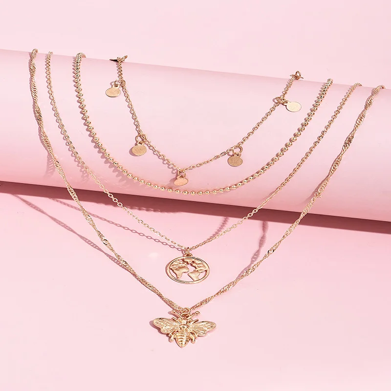 Многослойная золотая цепочка с подвеской в виде карты и пчелы|Ожерелья